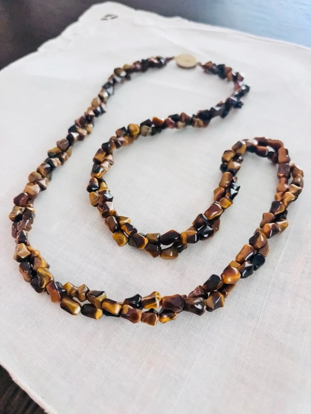 Vintage Tiger’s Eye Necklace 26” Boho Chunky Gemstone Silver Clasp